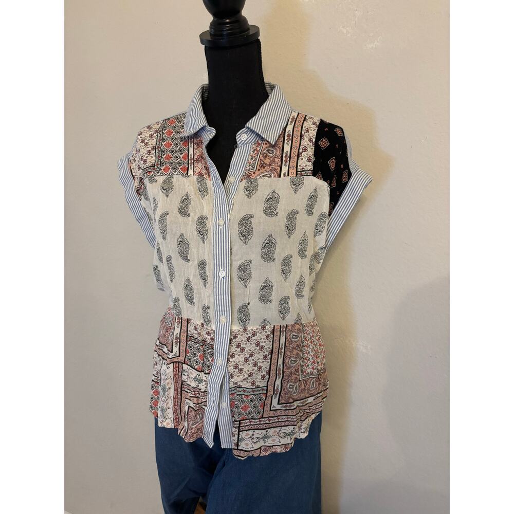 Lord & Taylor Cropped Sleeve Poplin Patchwork Button Up Blouse